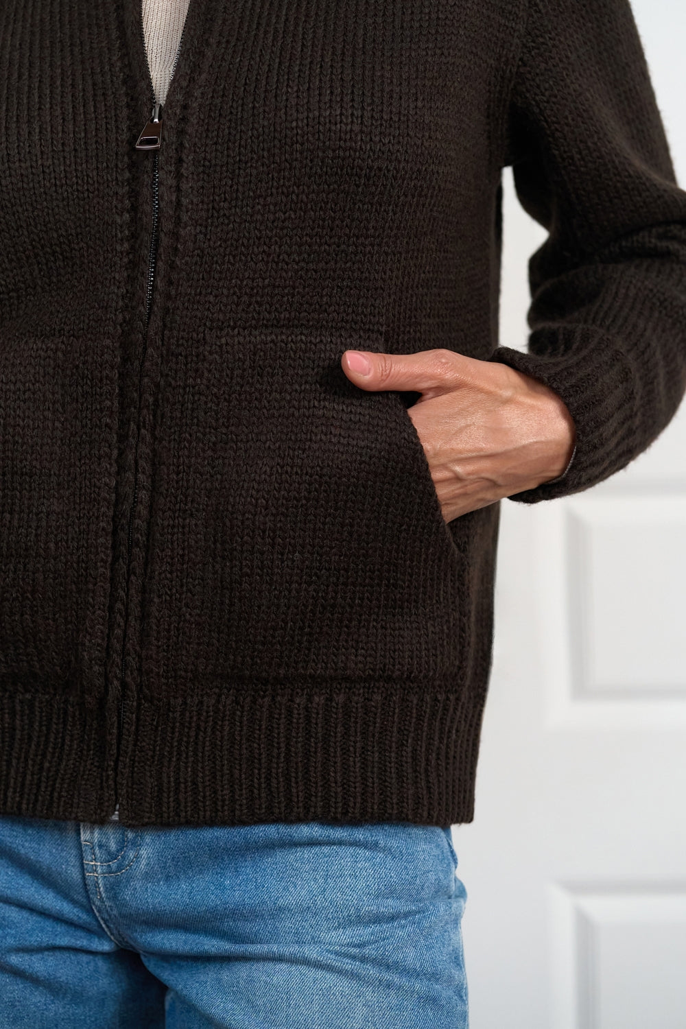 Wool Alpaca Zip Knit Cardigan with Stand Collar
