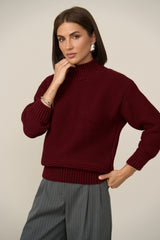 Wool Garter Stitch Mock Neck Sweater with Dropped Shoulders, Burgundy Red