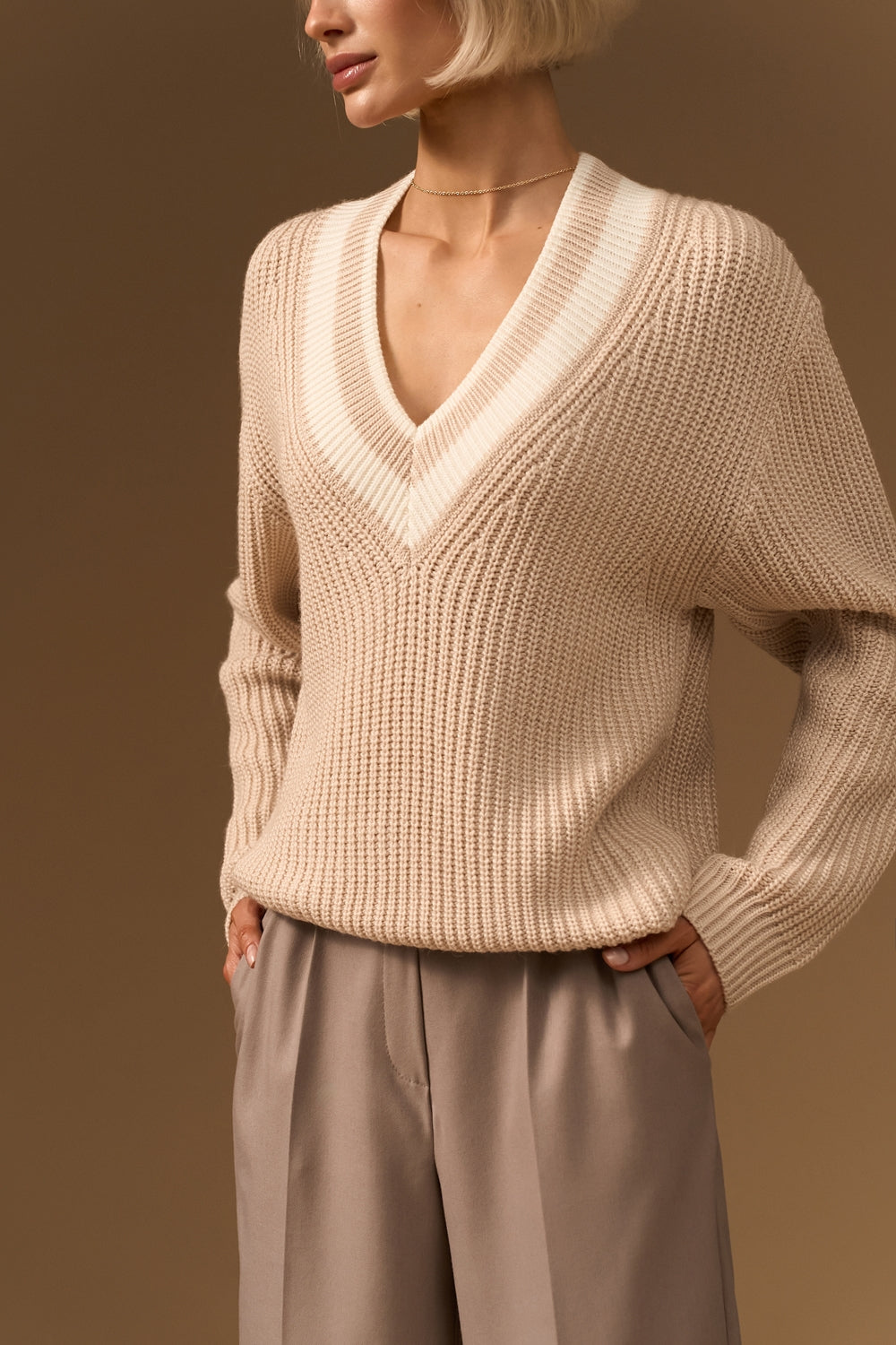 Wool Textured Knit V Neck Sweater with Dropped Shoulders