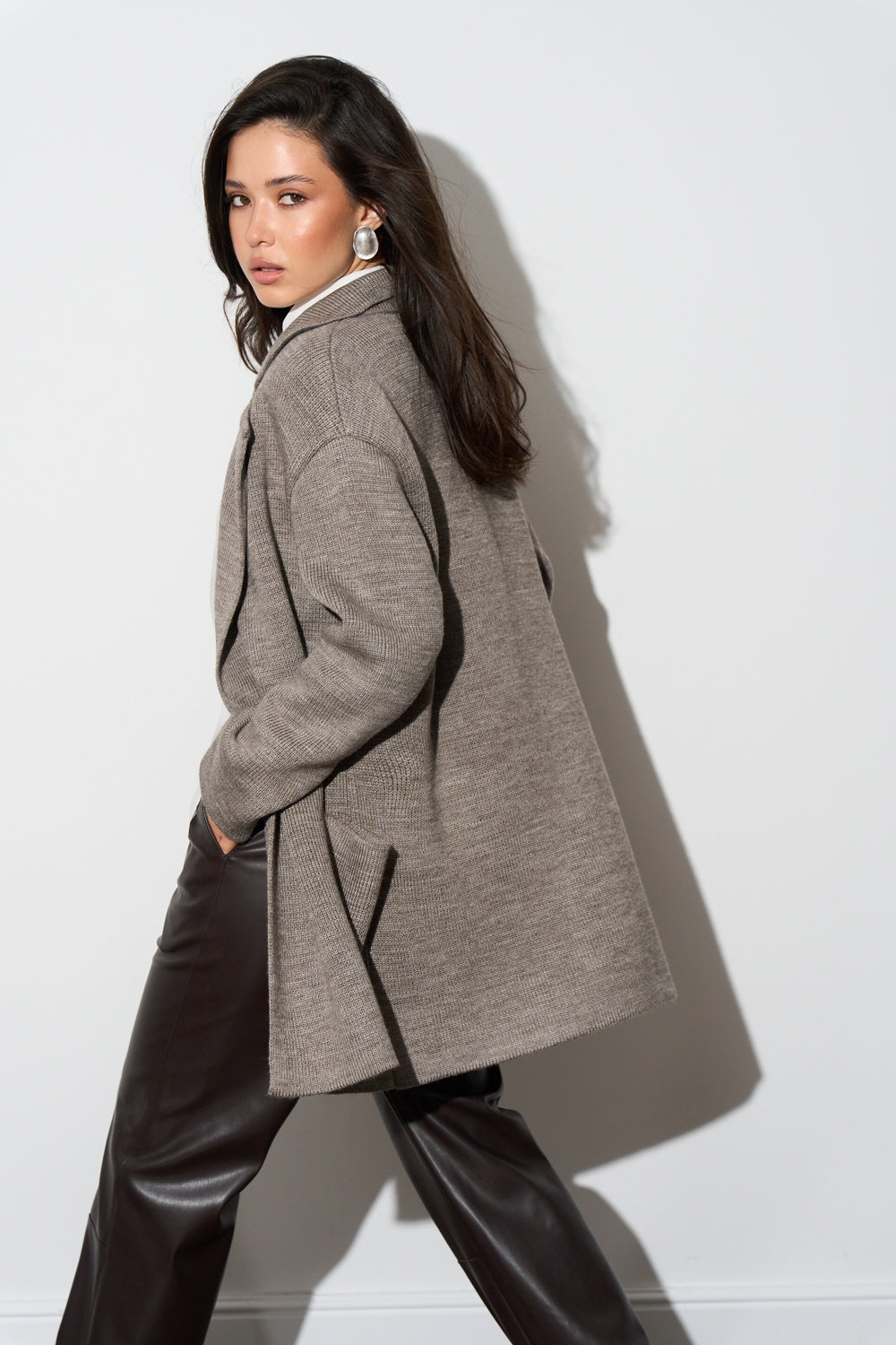 Wool Knit Belted Cardigan Coat with Lapel Collar
