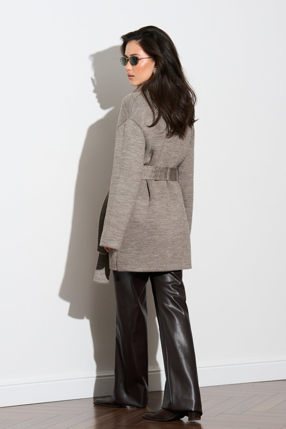 Wool Knit Belted Cardigan Coat with Lapel Collar
