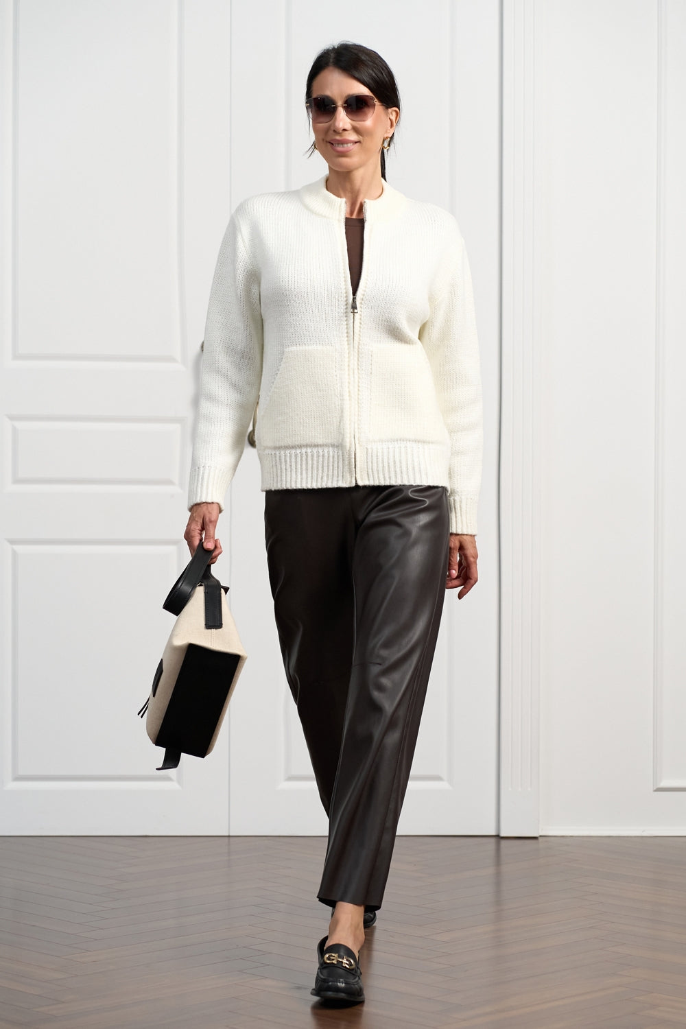 Wool Alpaca Zip Knit Cardigan with Stand Collar