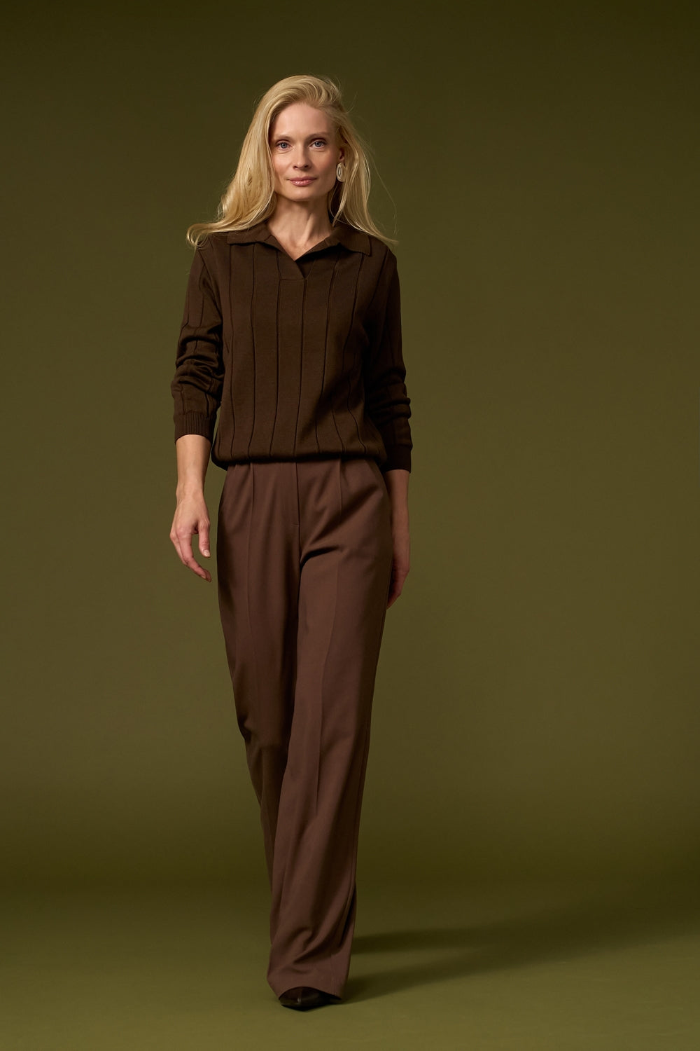Women's chocolate brown knit polo sweater styled with long sleeves and ribbed cuffs