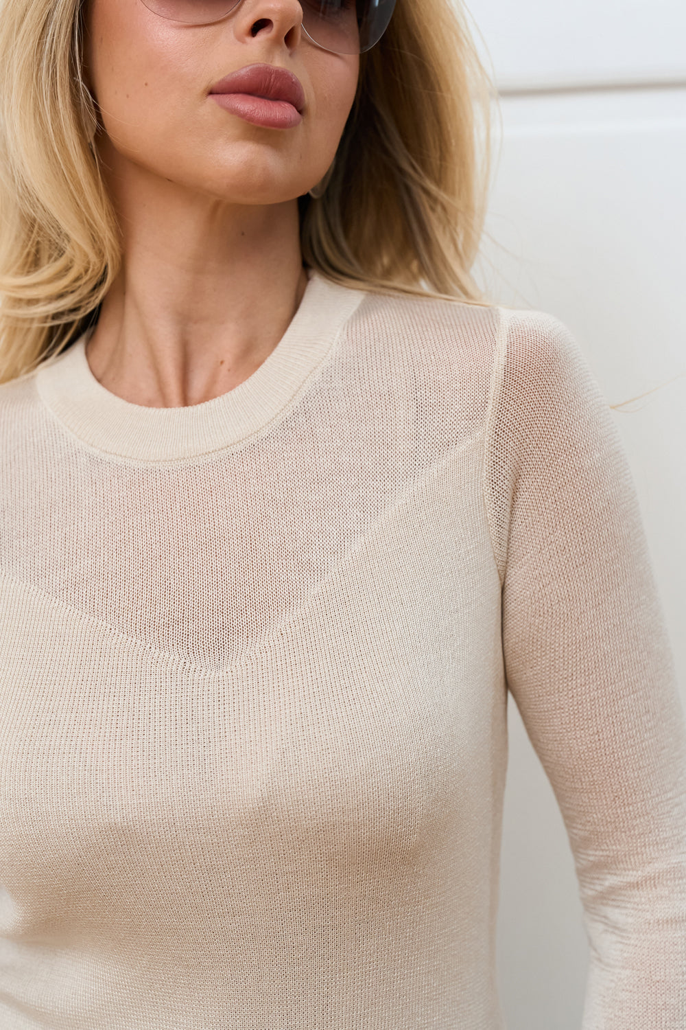 Semi-Sheer Knit Long Sleeve Top with V-Shaped Front Detail