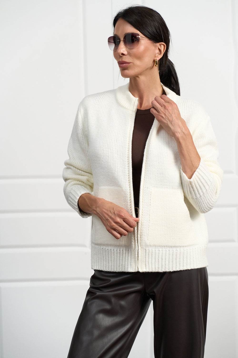 Wool Alpaca Zip Knit Cardigan with Stand Collar