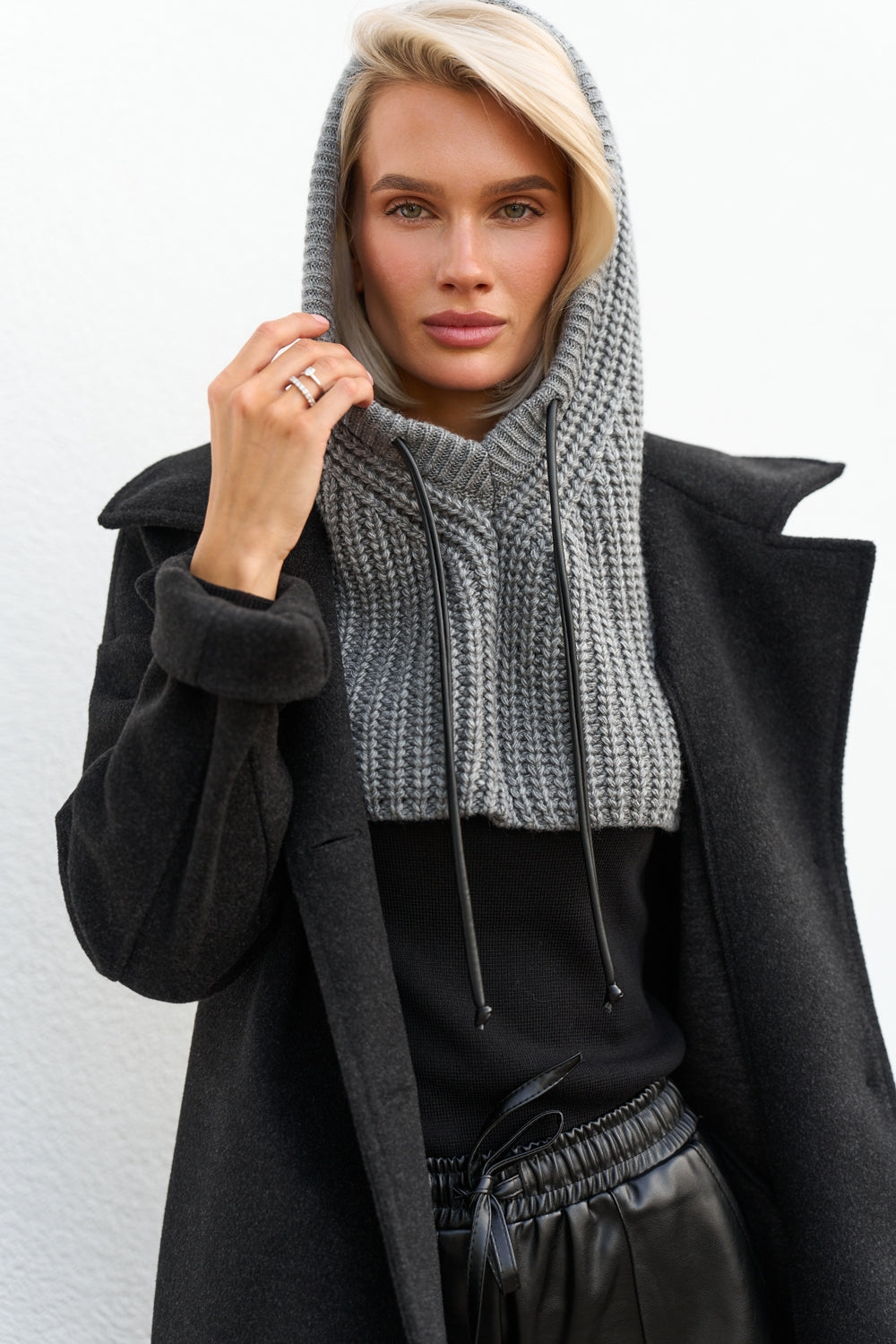 Women’s Wool Knit Hooded Scarf Snood with Drawstring