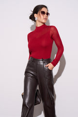 Women's semi-sheer knit long-sleeve top with accent neckline