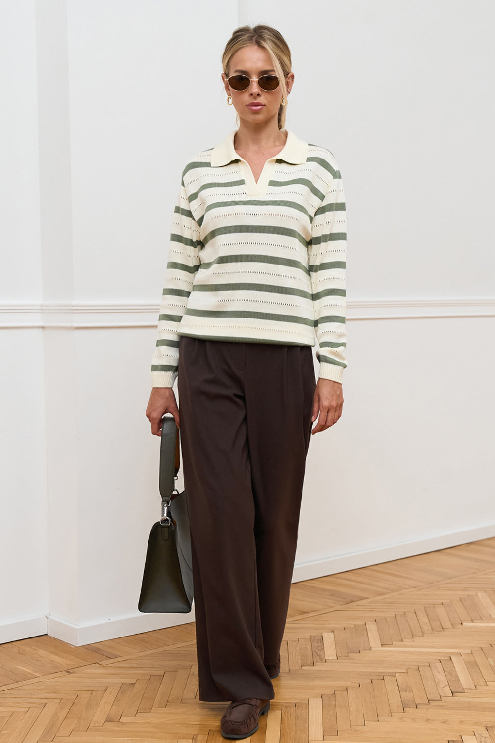 Striped Cotton Polo Sweater with Long Sleeves