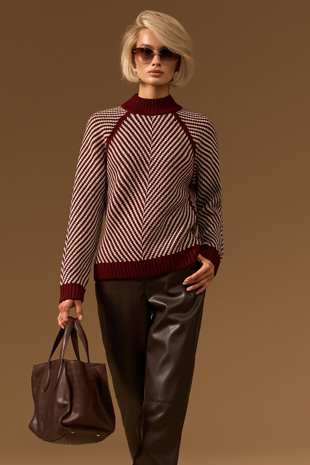 Women’s Wool Chevron Knit Raglan Sweater with Stand Collar