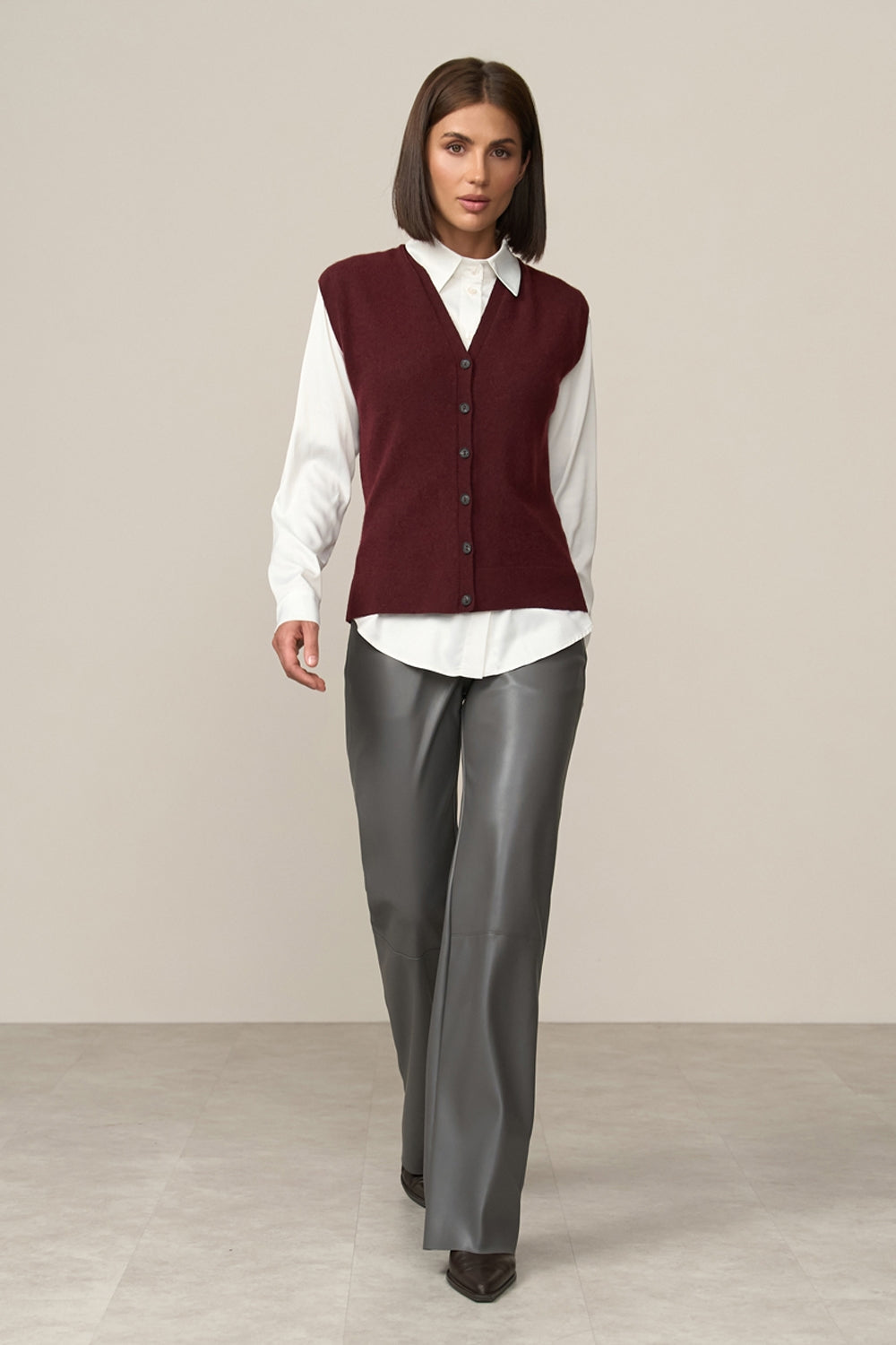 Women's straight leg faux leather pants with flexible waist fit