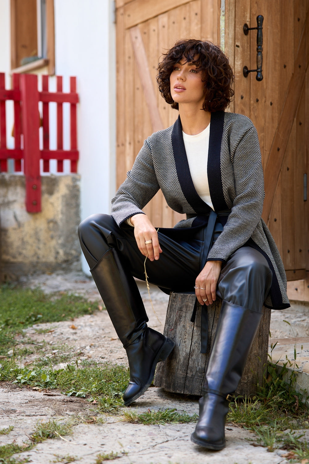 Women’s Wool Knit Wrap Cardigan with Wide Belt and Contrast Trim