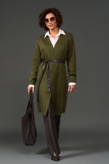Long Wool Knit Wrap Cardigan with Faux Leather Belt