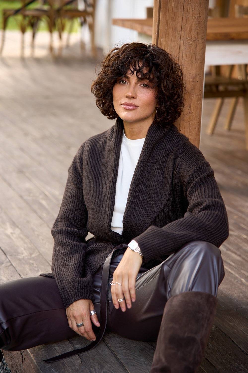 Women’s Alpaca Wool Ribbed Wrap Cardigan with Wide Shawl Collar