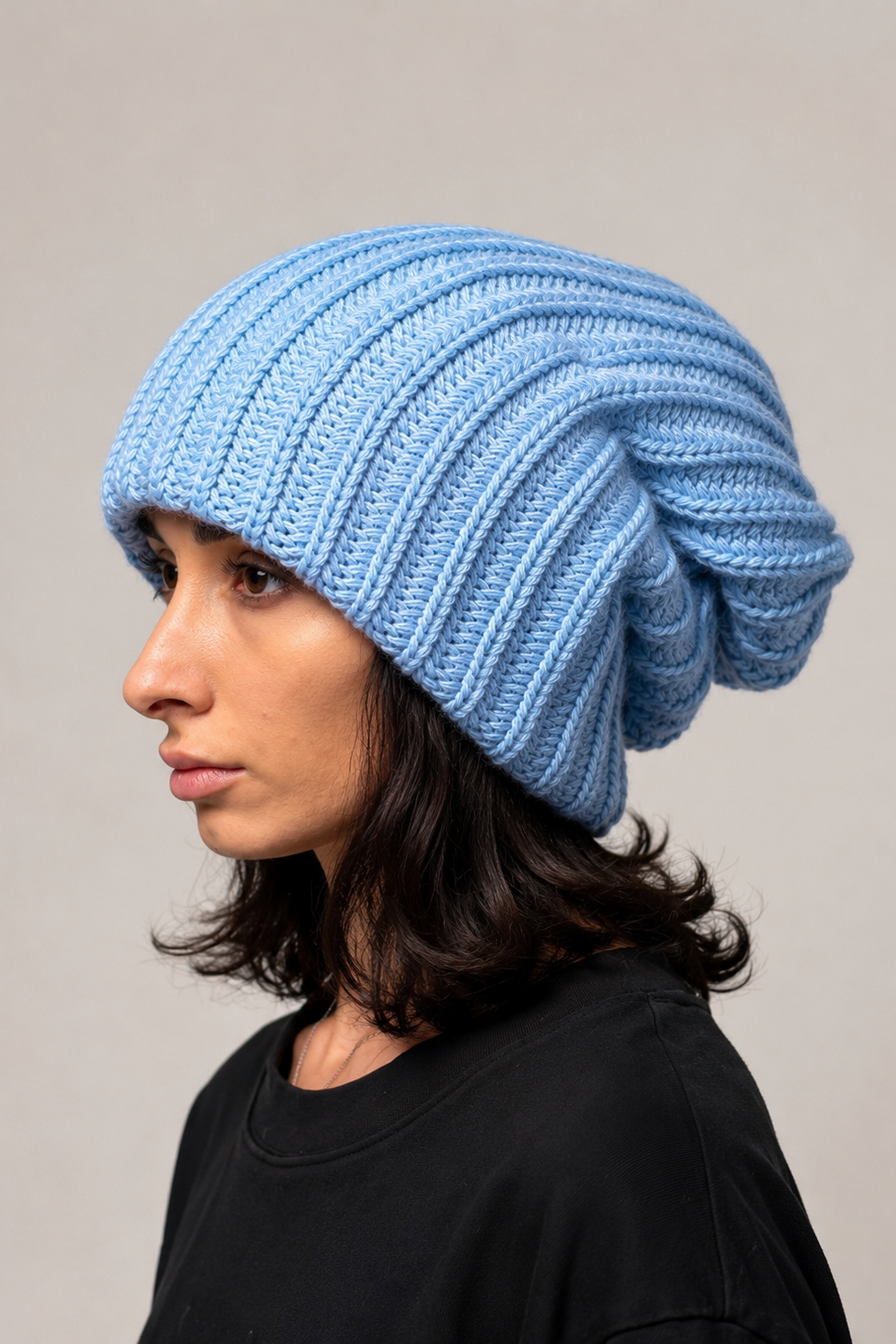Sky blue oversized chunky knit beanie with a soft slouchy silhouette