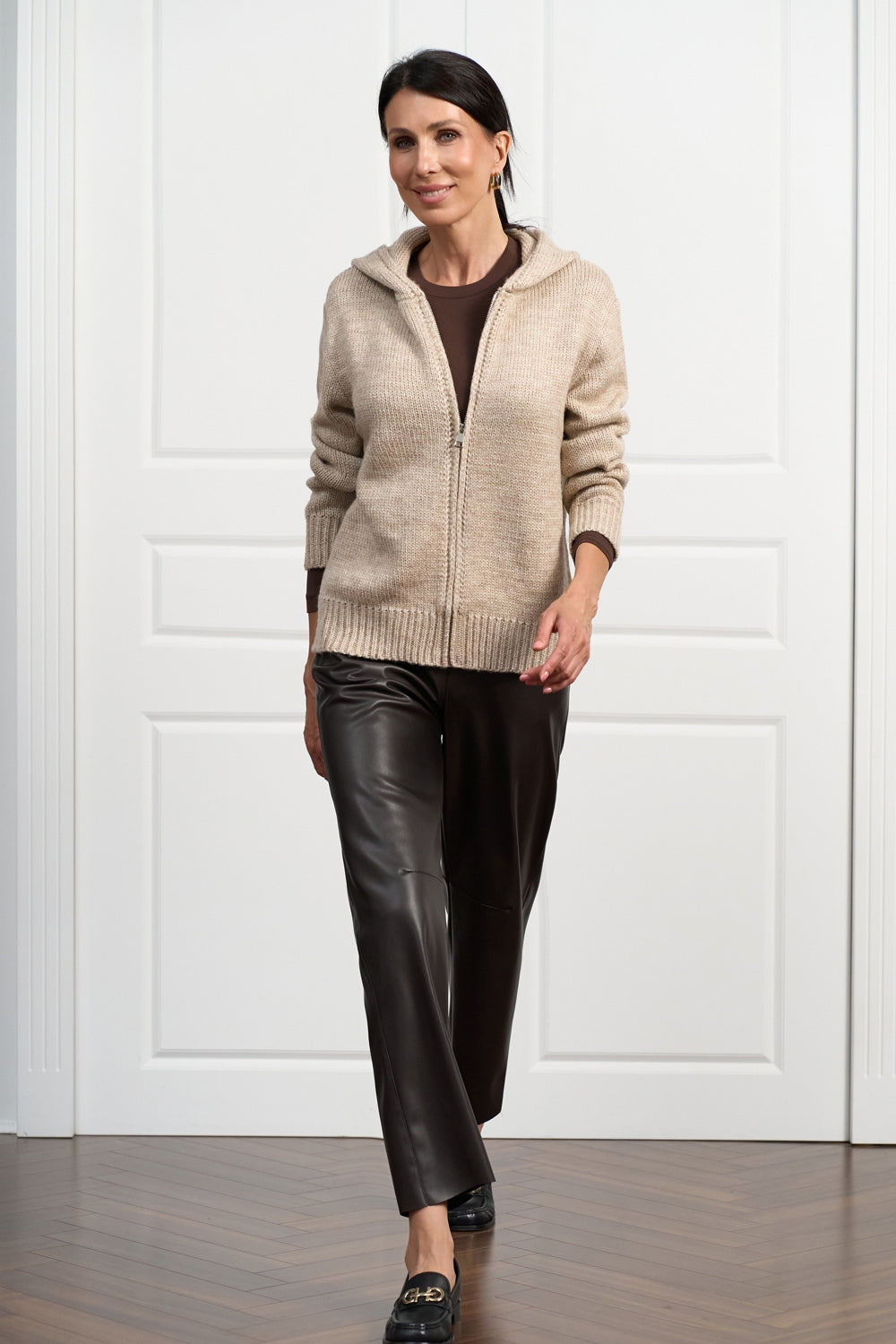 Women’s Alpaca Wool Hooded Zip Cardigan with Ribbed Trim