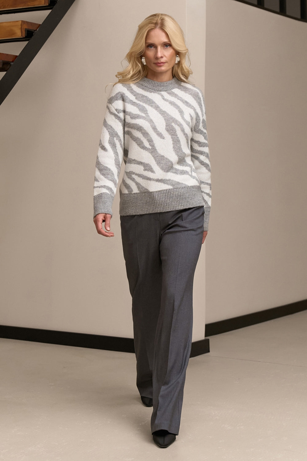 Light gray wool blend animal print sweater with crew neckline