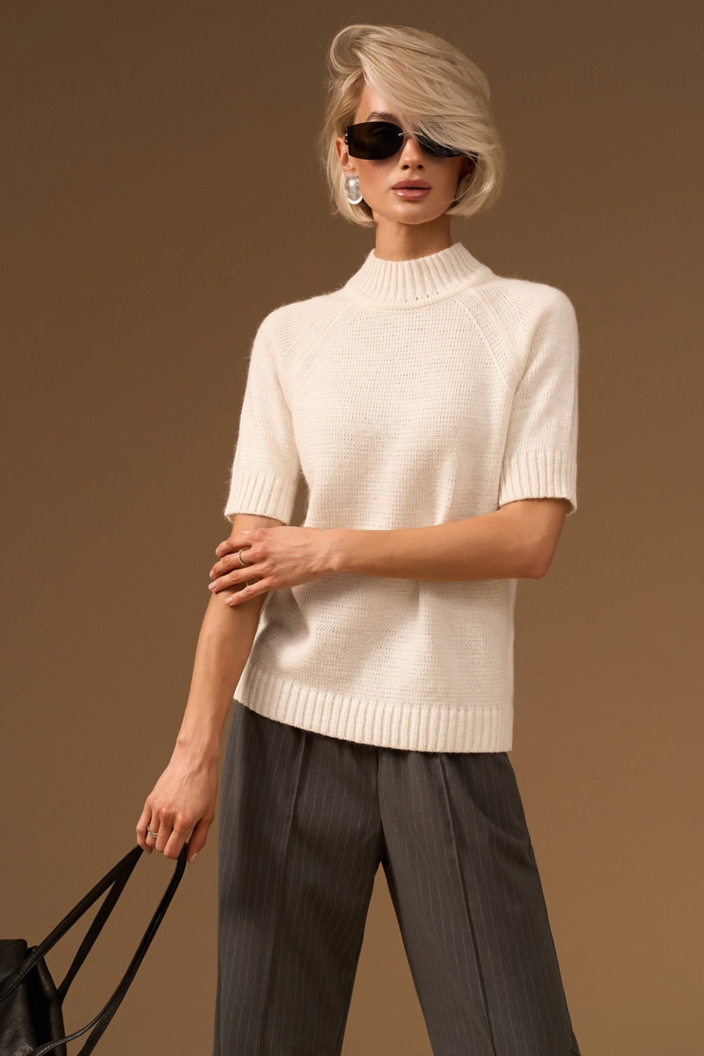 Wool Angora Raglan Mock Neck Short Sleeve Sweater