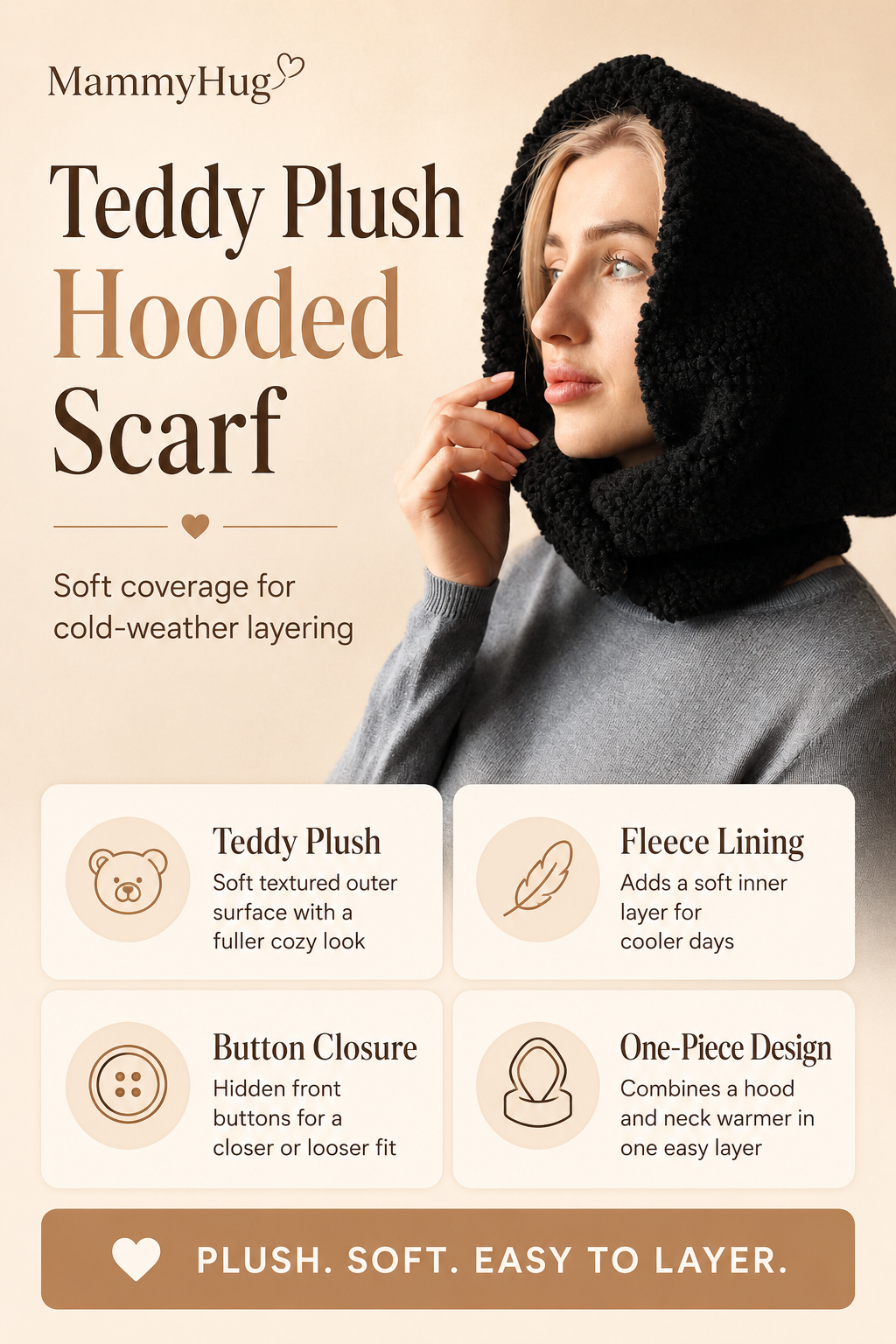 Teddy Plush Hooded Scarf With Invisible Button Closure