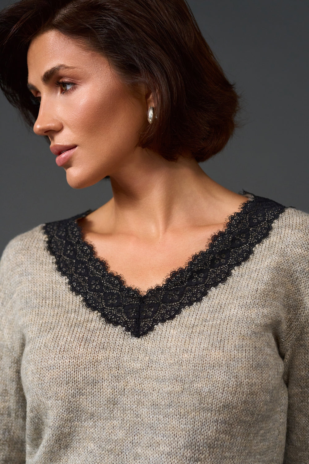 Baby Alpaca & Merino Wool Lace V-Neck Knit Sweater