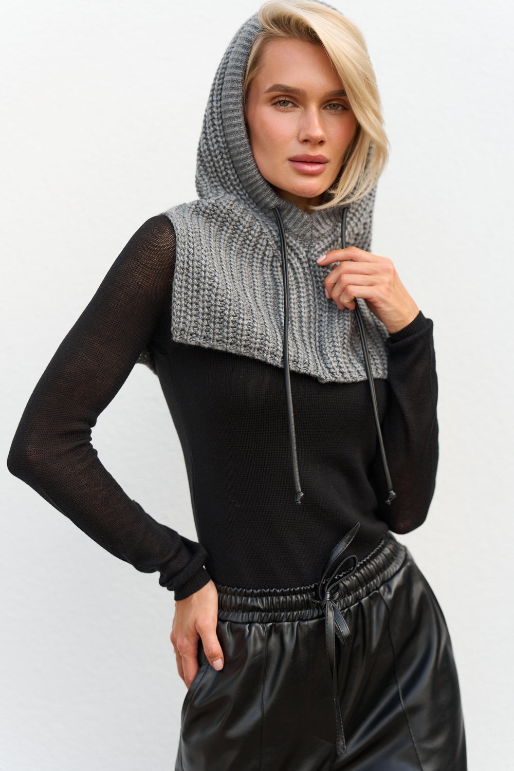 Women’s Wool Knit Hooded Scarf Snood with Drawstring