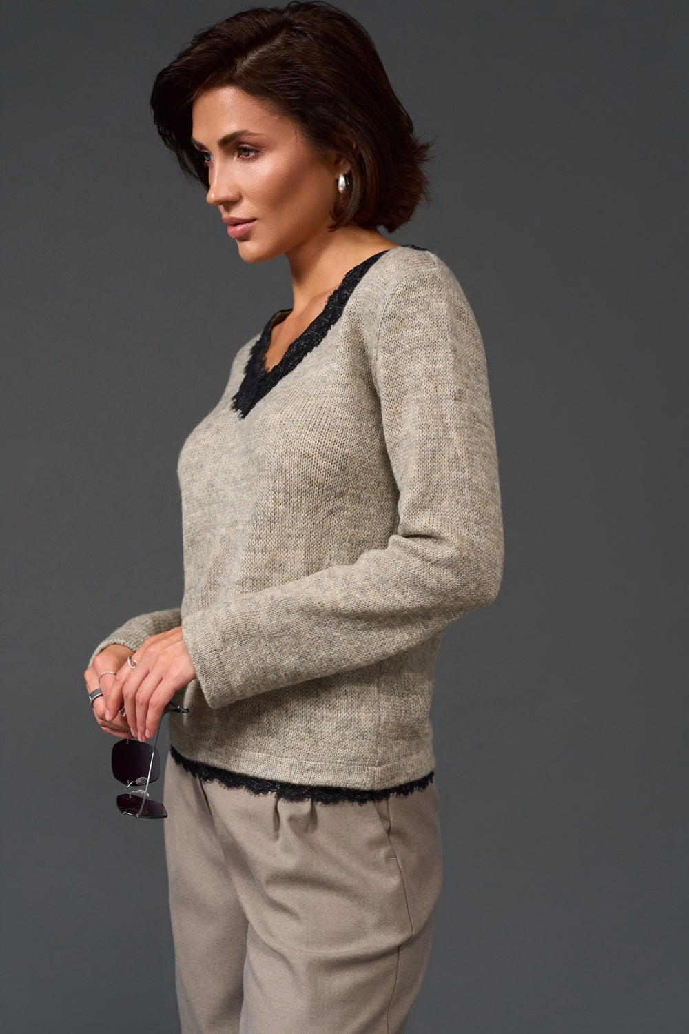 Baby Alpaca & Merino Wool Lace V-Neck Knit Sweater