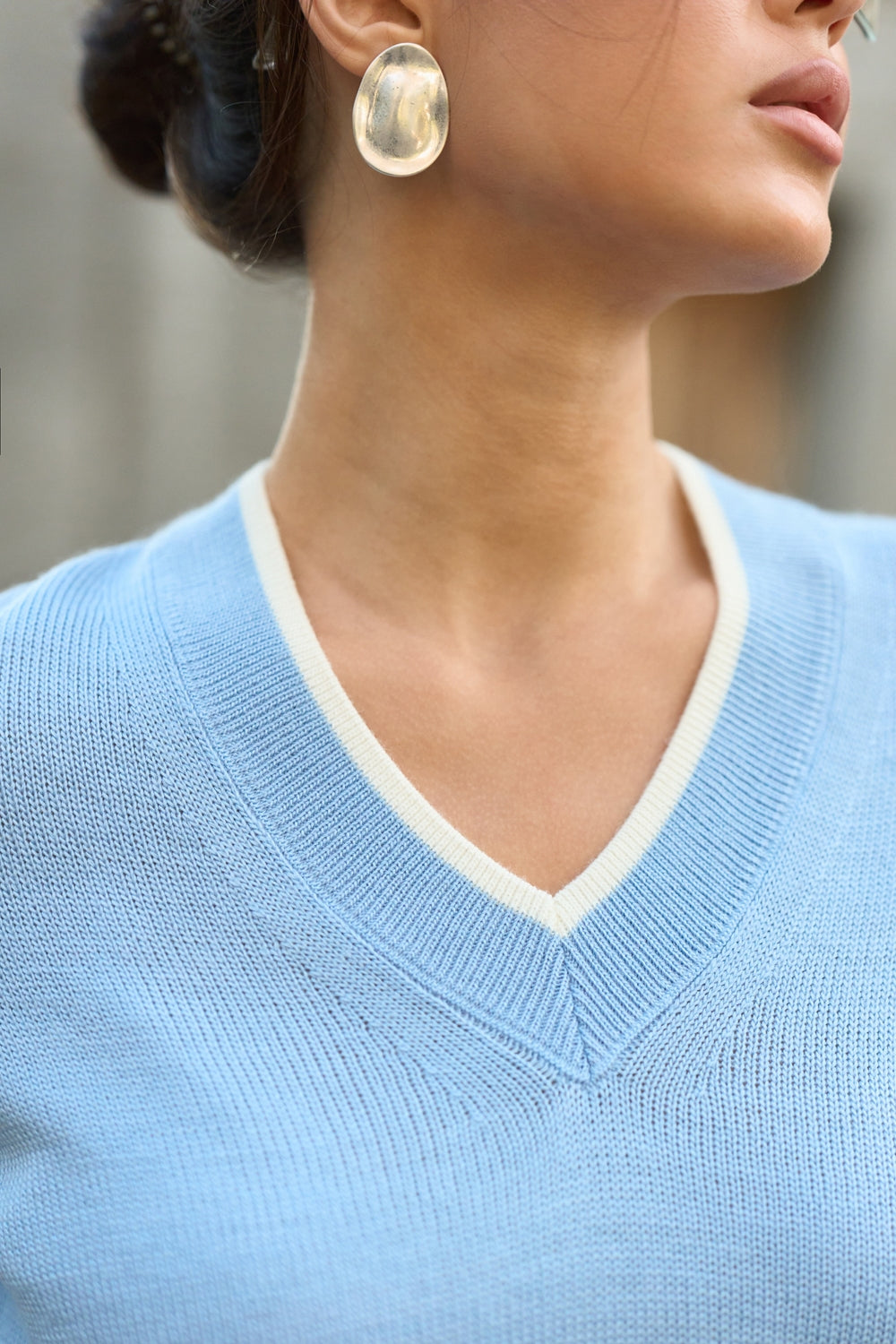 Wool V-Neck Sweater with Contrast Trim
