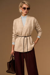 Women’s Wool Knit Wrap Cardigan with Faux Leather Tie Belt