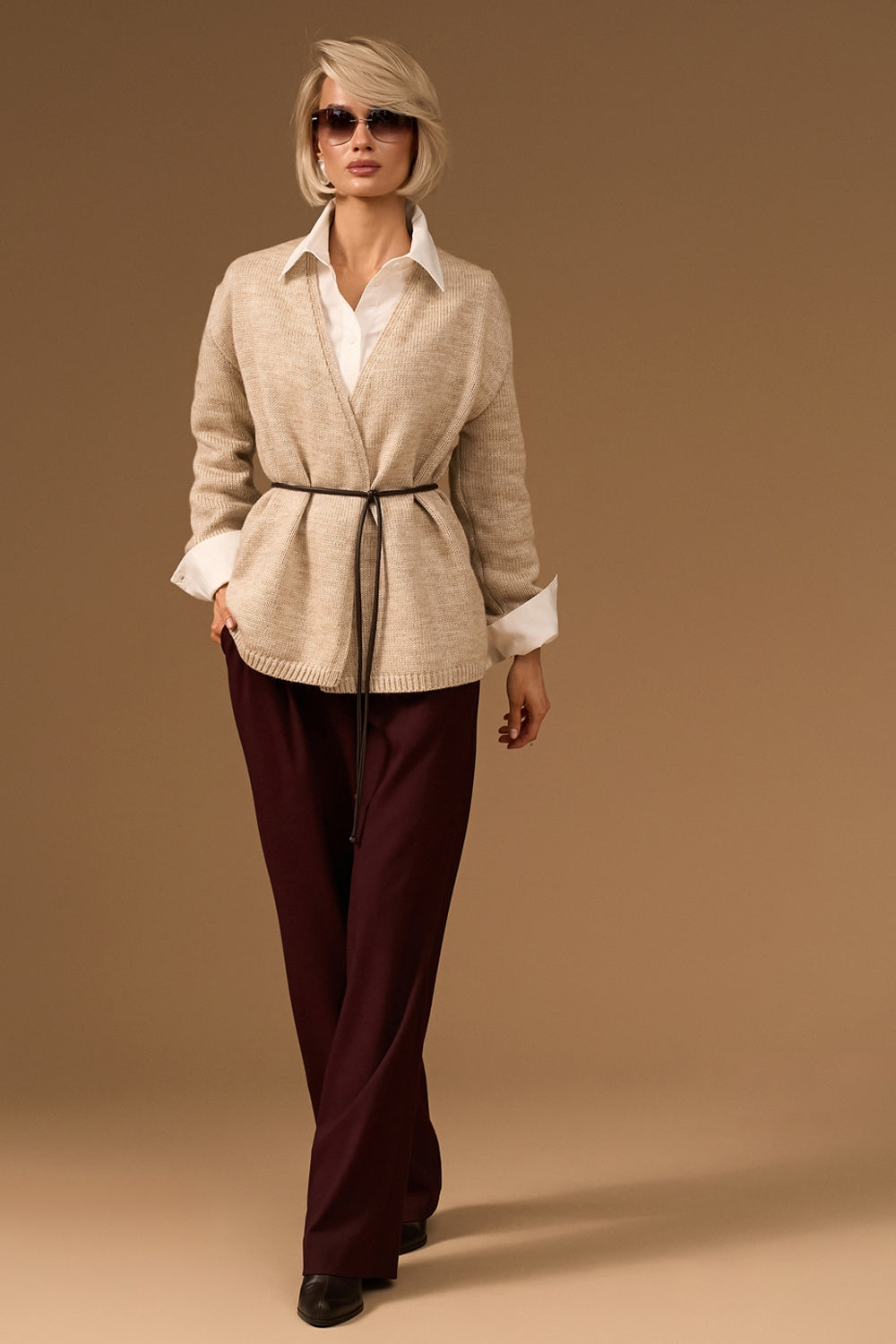 Women’s Wool Knit Wrap Cardigan with Faux Leather Tie Belt