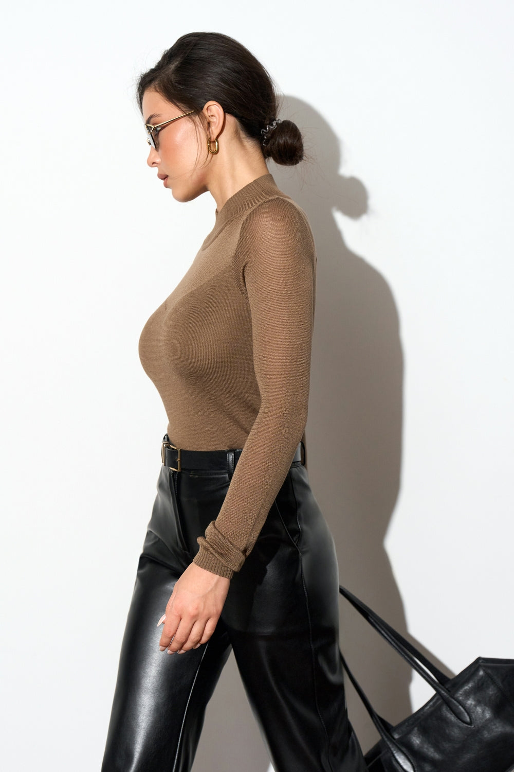 Semi-Sheer Knit Long Sleeve Top with Accent Neckline