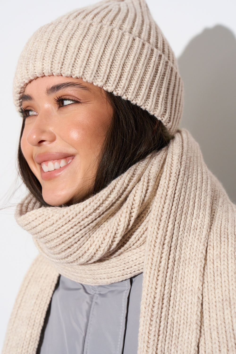 Chunky Wool Knit Beanie Hat, Pearl