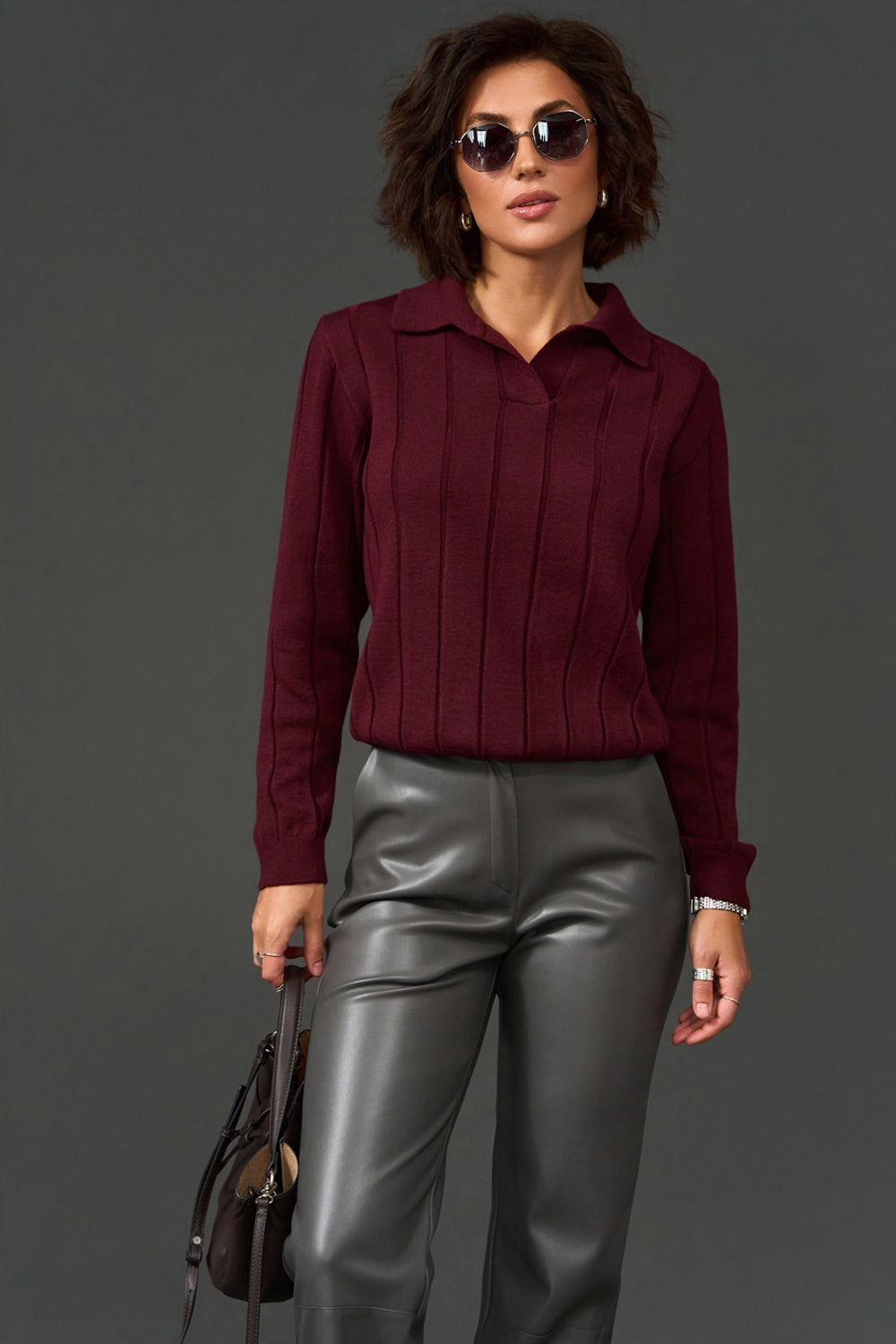 Burgundy women's cashmere polo sweater with open collar and textured knit