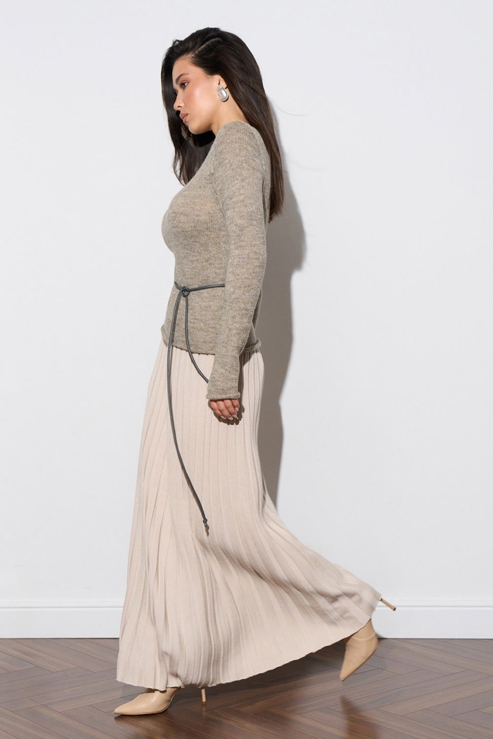 Cotton Knit Pleated Midi Skirt