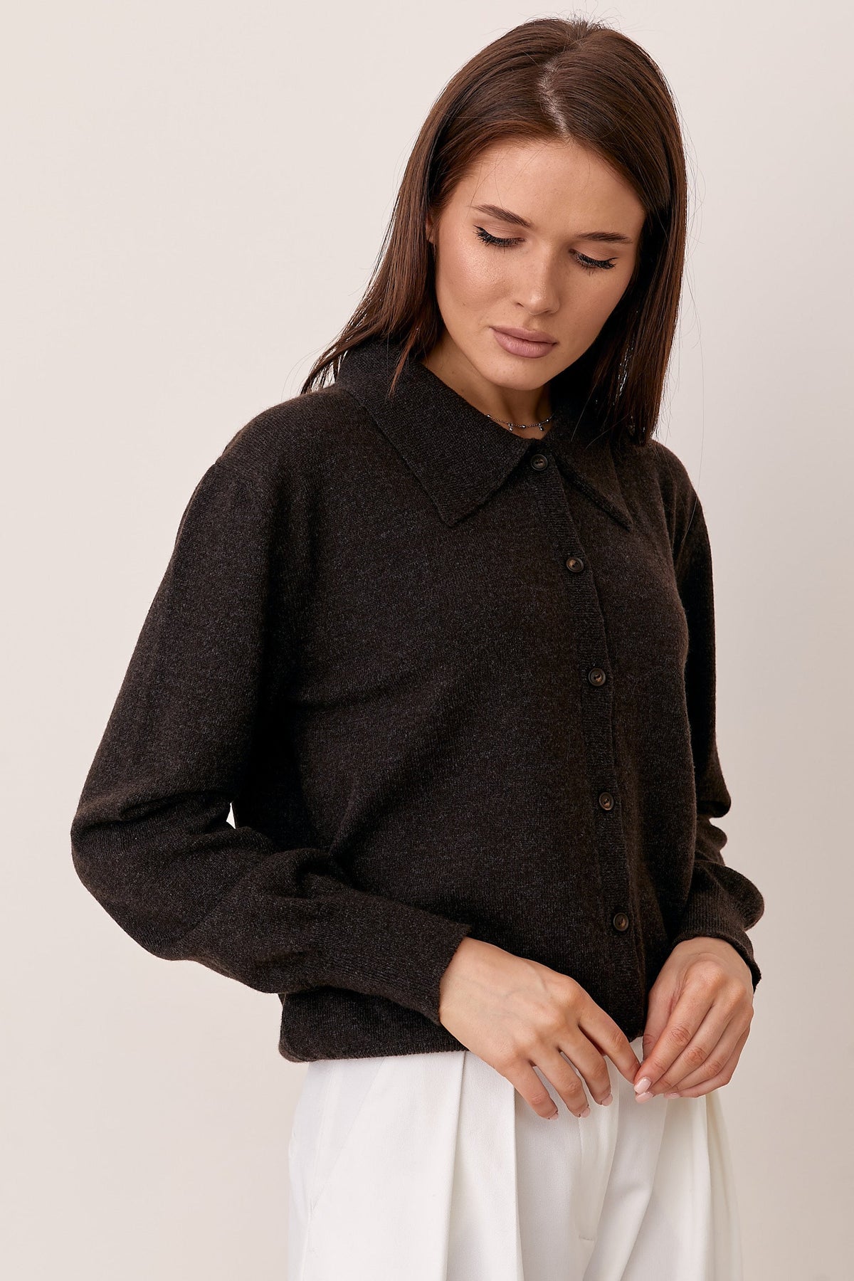 Cashmere Merino Wool Collared Button Cardigan, Bitter Chocolate