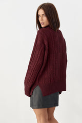 Cable Knit Oversized Turtleneck Sweater, Burgundy Red
