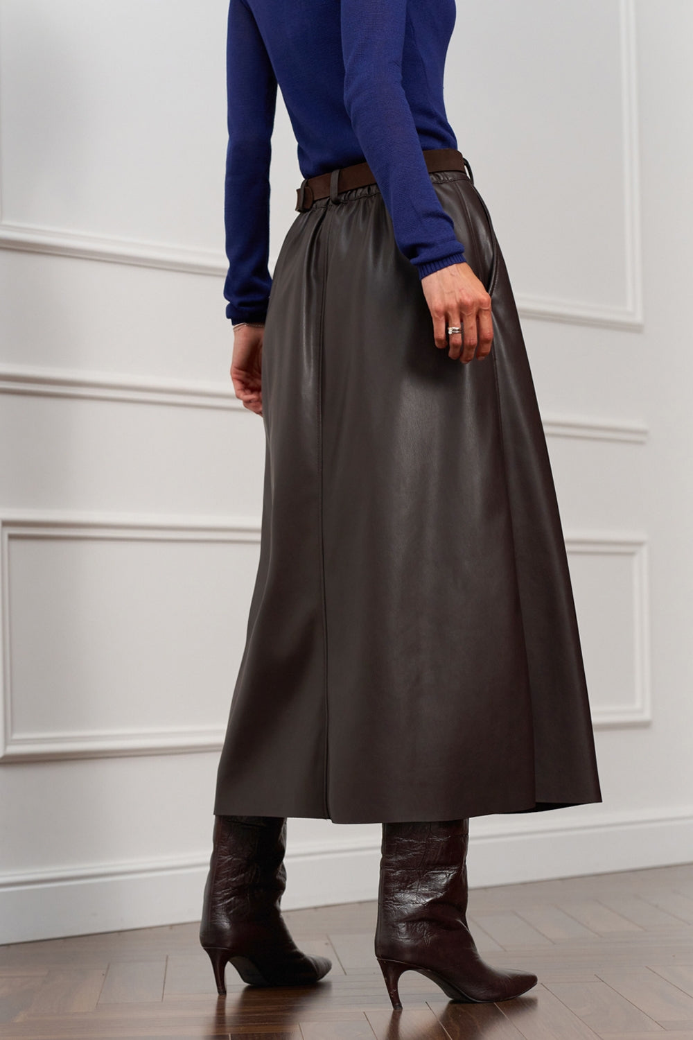 Faux Leather A-Line Midi Skirt with Pockets