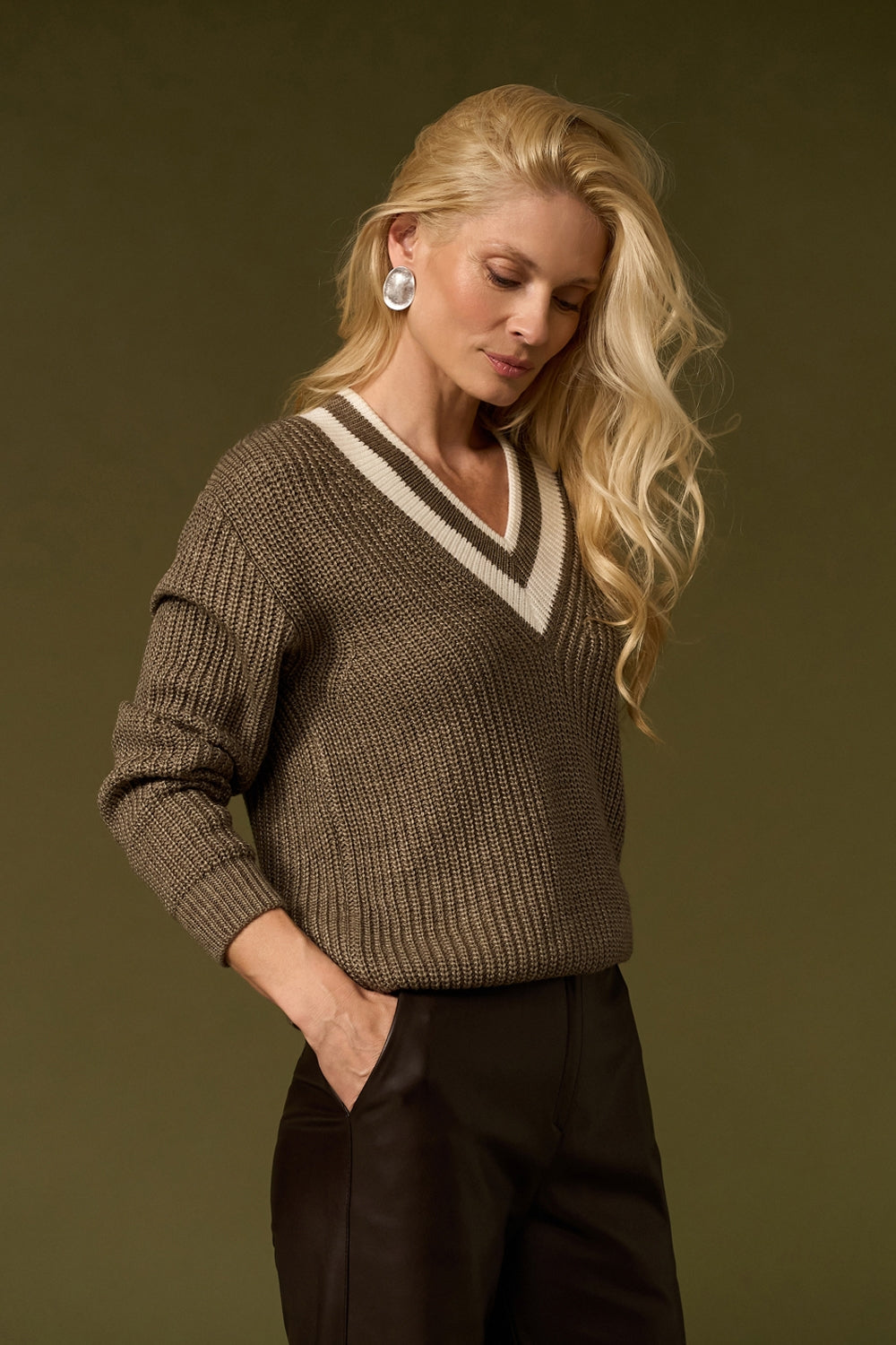 Wool Textured Knit V Neck Sweater with Dropped Shoulders