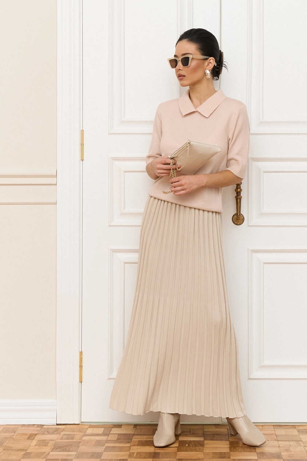 Cotton Knit Pleated Midi Skirt