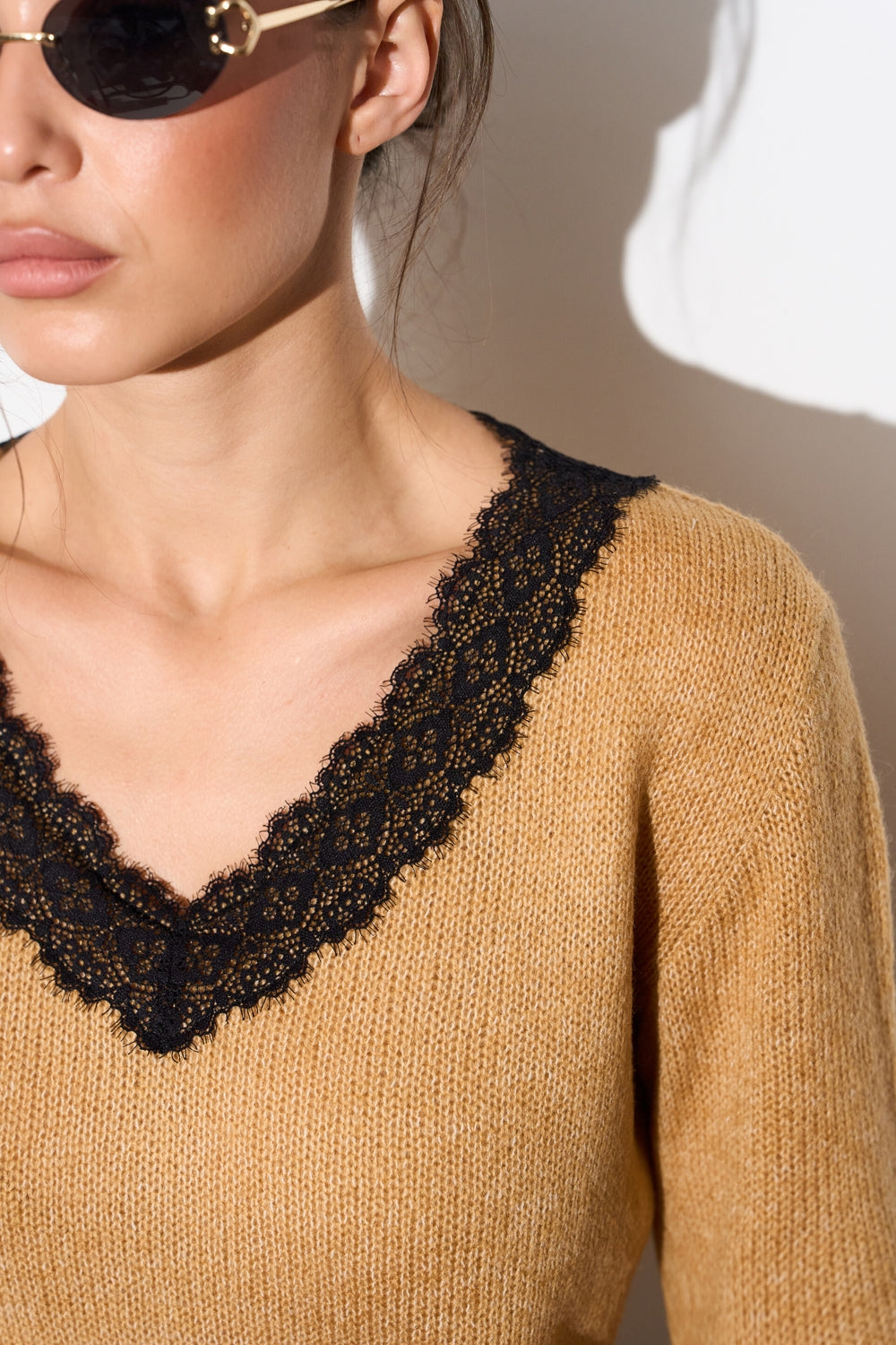 Baby Alpaca & Merino Wool Lace V-Neck Knit Sweater