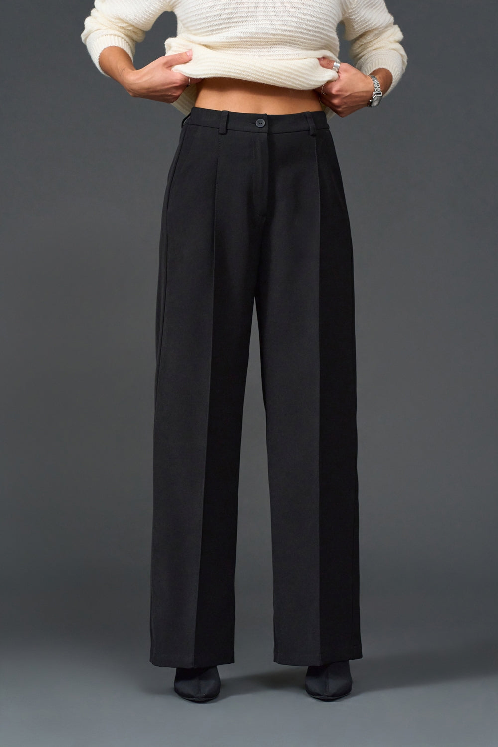 Wide Leg Pleated Trousers with Elastic Back Waist