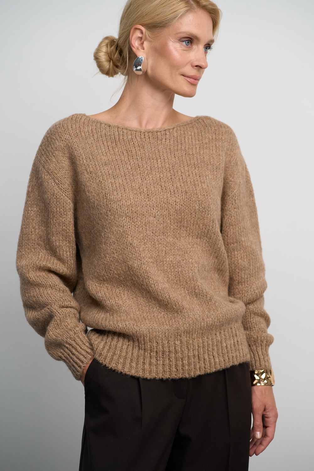 Wool kid mohair boat neck sweater with relaxed silhouette
