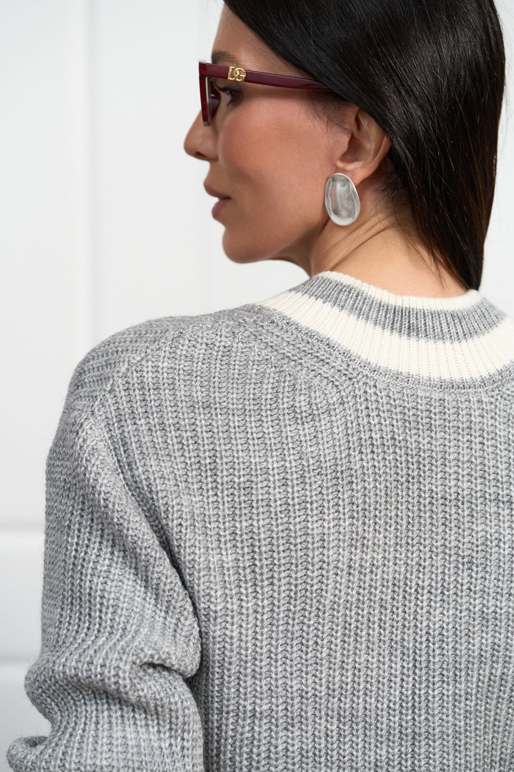 Wool Textured Knit V Neck Sweater with Dropped Shoulders