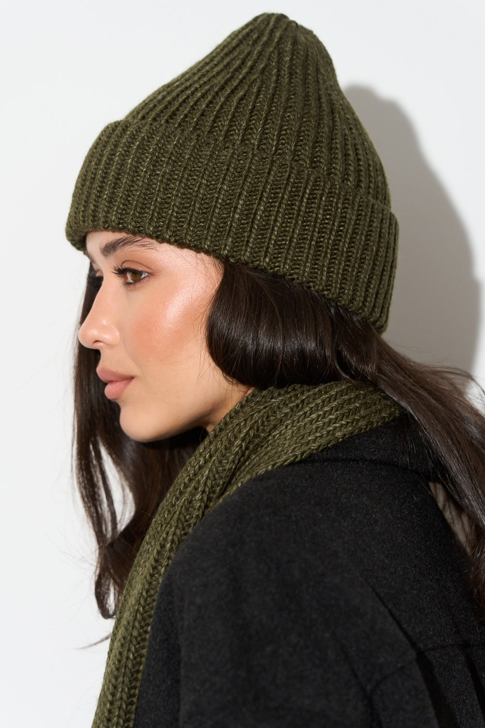 Chunky Wool Knit Beanie Hat, Dark Olive