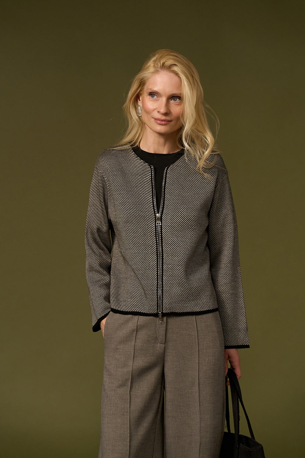 Black linen zip front wool cardigan with relaxed fit