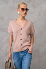 Cotton Knit Short Sleeve V-Neck Button-Front Cardigan, Powder Taupe