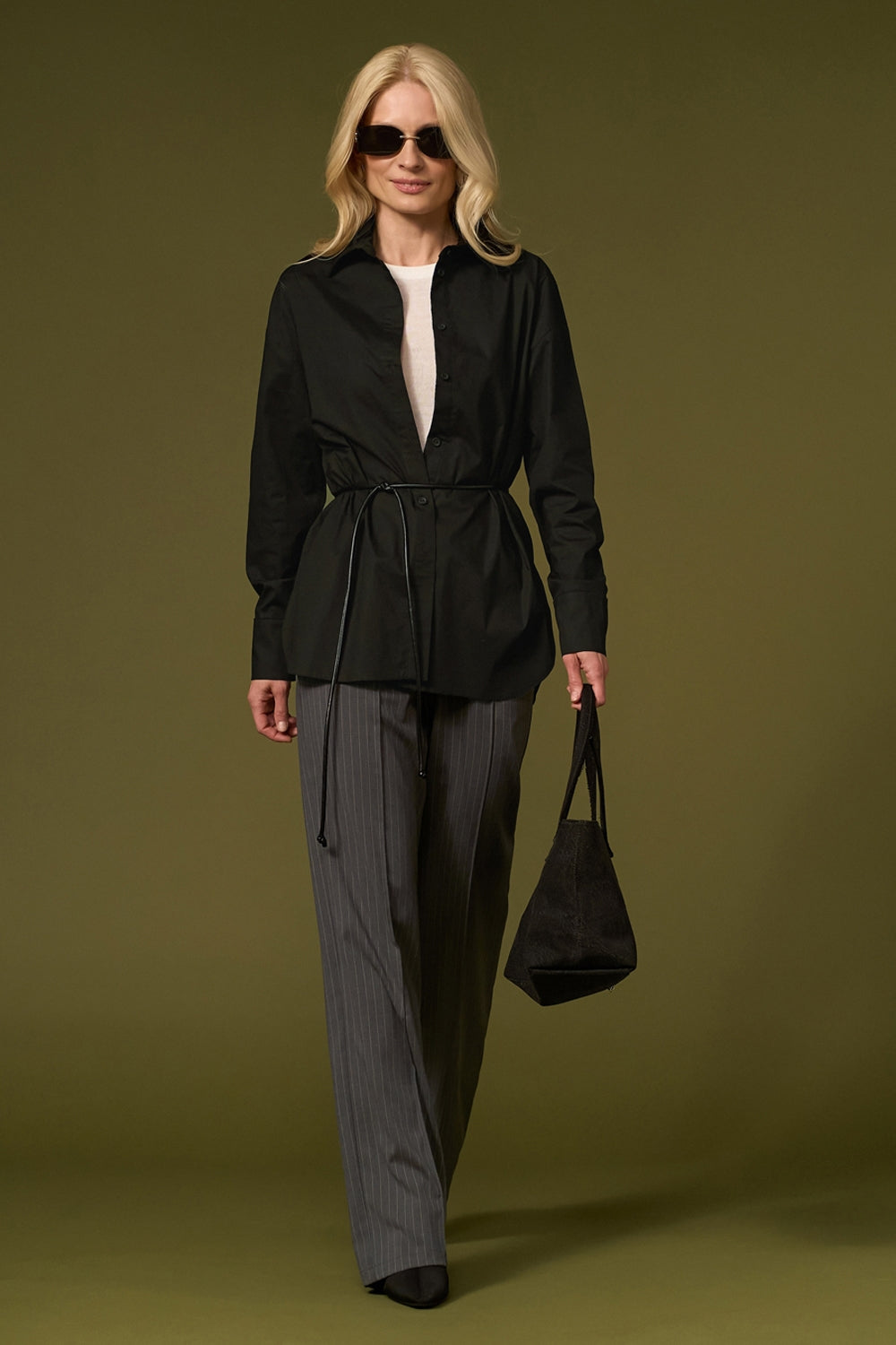 Pinstripe Straight Leg Pants with Elastic Waist