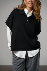 Wool Knit Poncho Vest With Polo Collar, Black