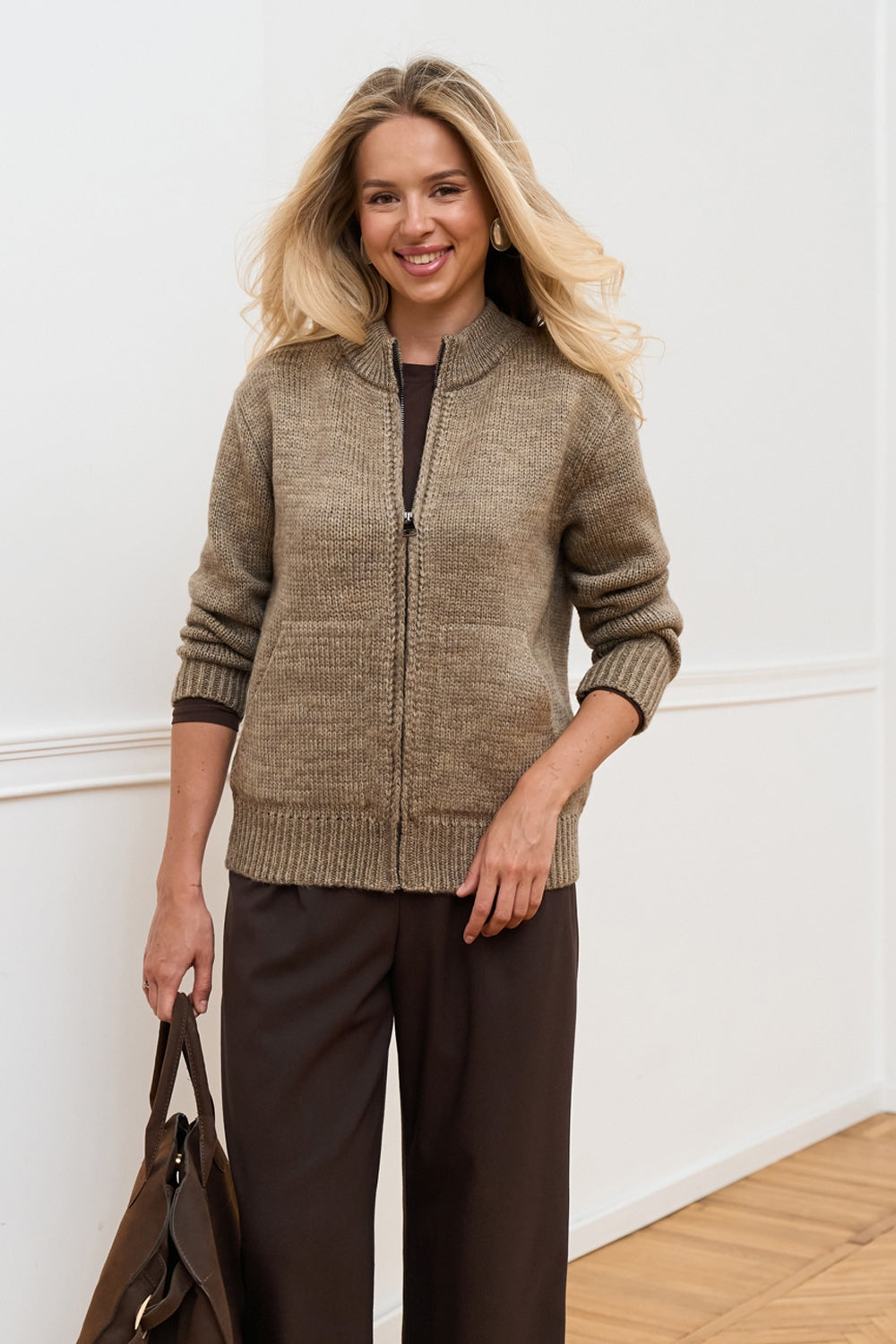 Wool Alpaca Zip Knit Cardigan with Stand Collar