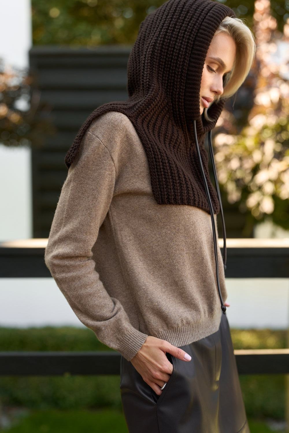 Women’s Wool Knit Hooded Scarf Snood with Drawstring