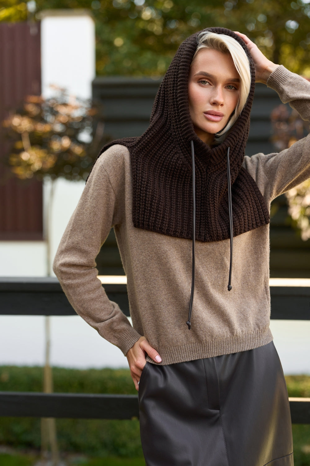 Women’s Wool Knit Hooded Scarf Snood with Drawstring