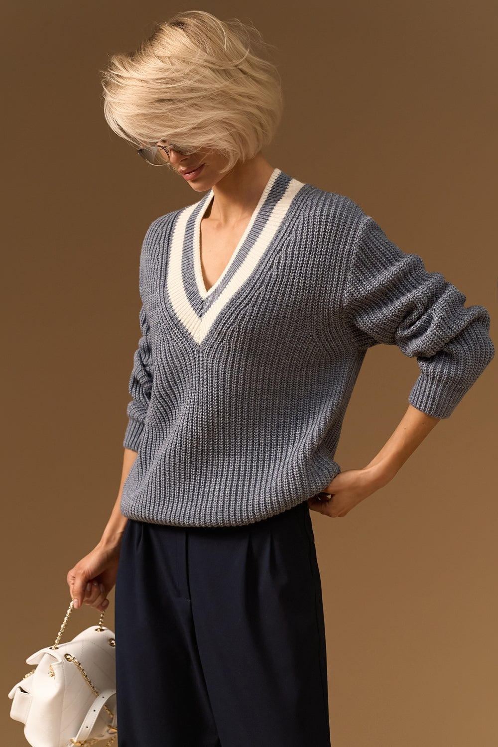 Wool Textured Knit V Neck Sweater with Dropped Shoulders